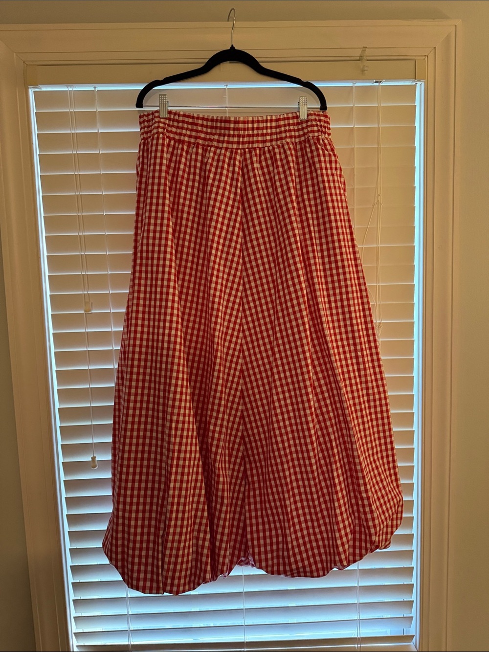 Red Gingham Maxi Skirt with Elastic Waist